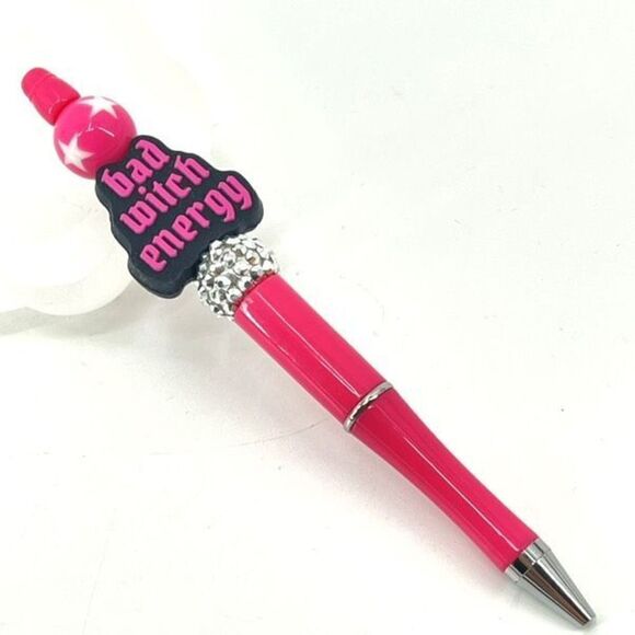 Bad Witch Energy Halloween pen handmade NEW bling rhinestone hot pink black silv - Picture 3 of 6